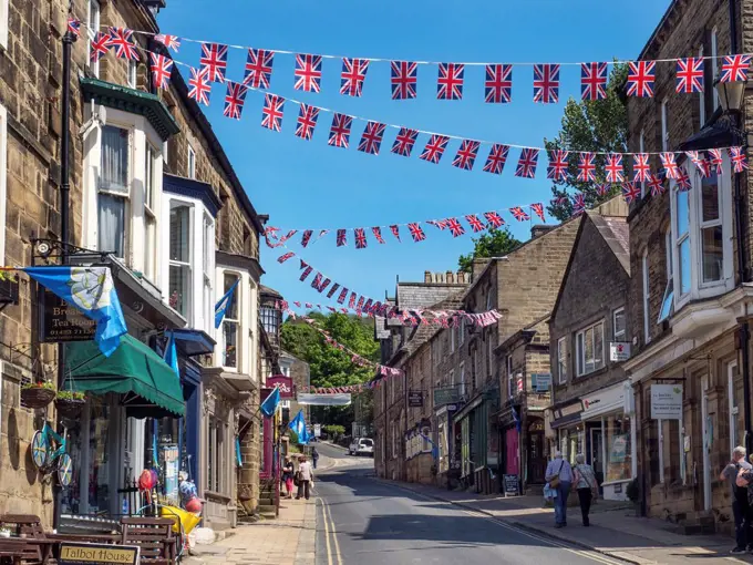 Union Jack Bunting over the High Street at Pateley Bridge in Nidderdale North Yorkshire England.