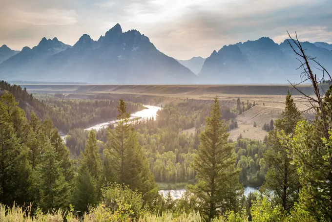 Snake River overlook shows Teton Mountain Range looming over illuminated forest and Snake River at dusk, Grand Tetons National Park, Teton County, Wyo...