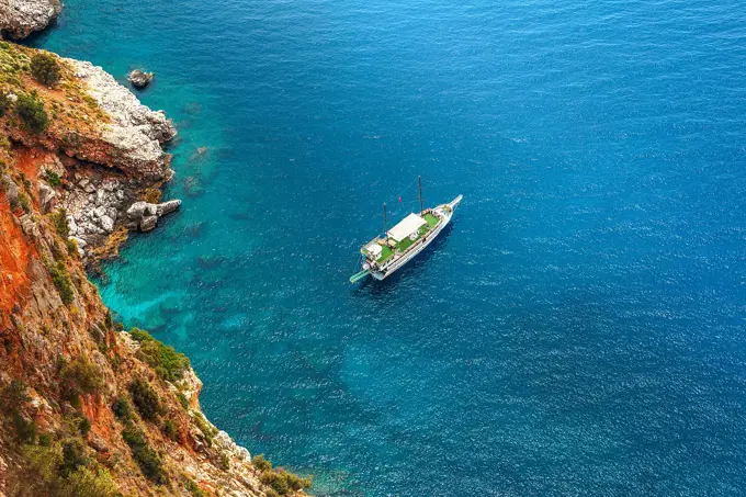 View on Mediterranean sea, Island and ship in Alanya, Turkey