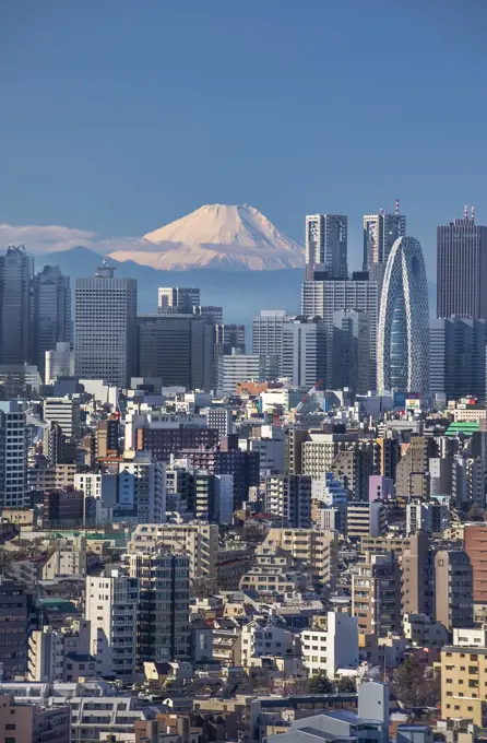 Japan, Tokyo City, Shinjuku Skyline and Mount Fuji.