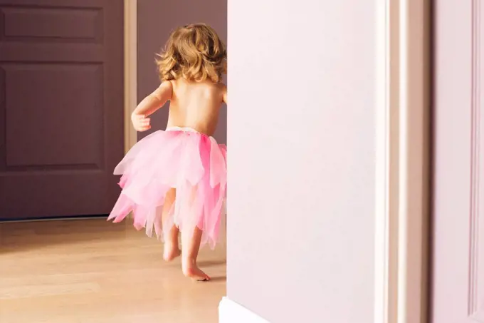 Little girl running in tutu, rear view