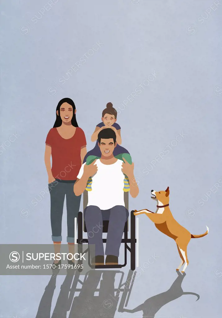 Portrait happy man in wheelchair with family and dog