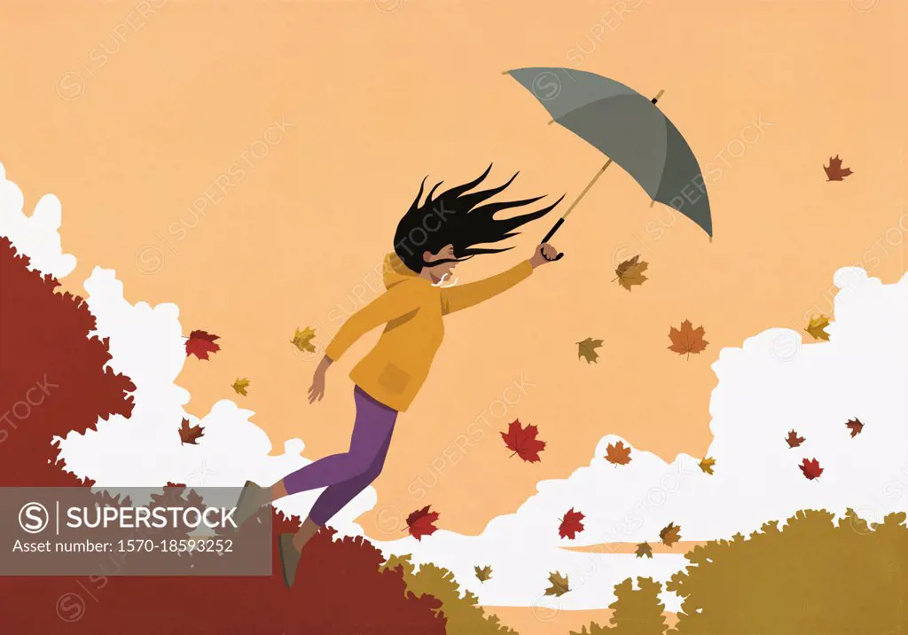 Woman with umbrella flying in autumn wind