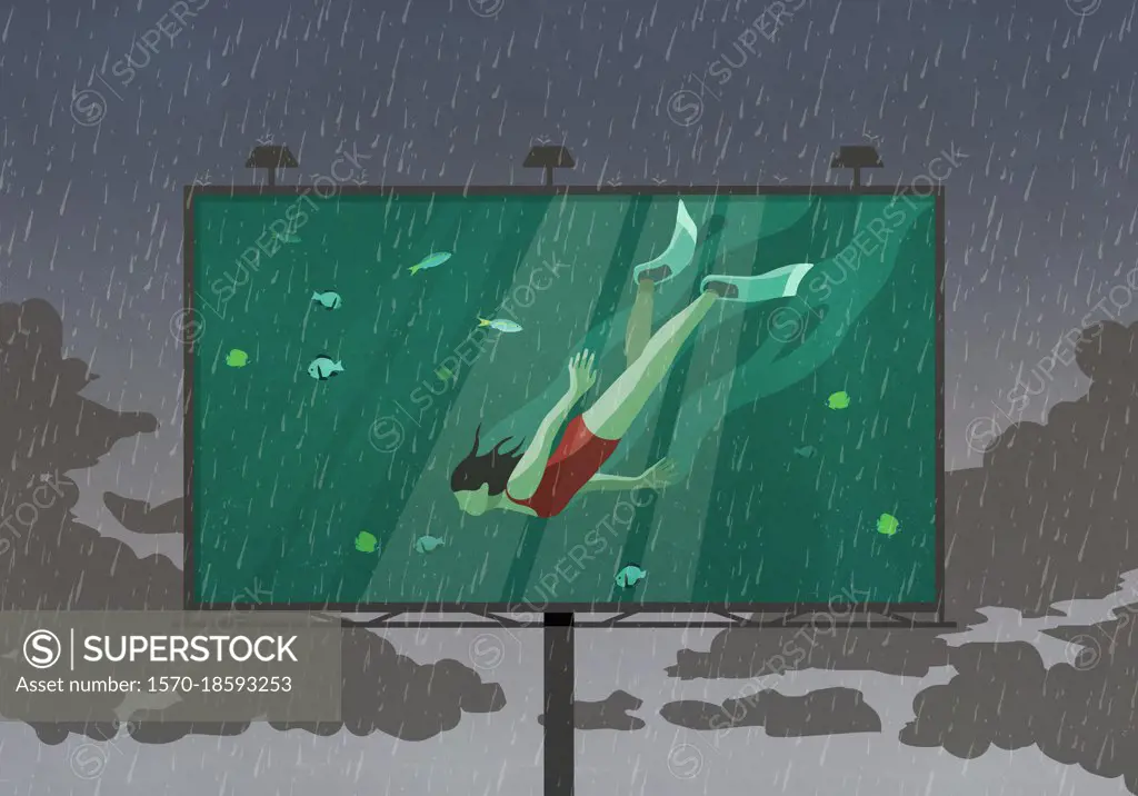 Woman snorkeling underwater on billboard against rainy sky