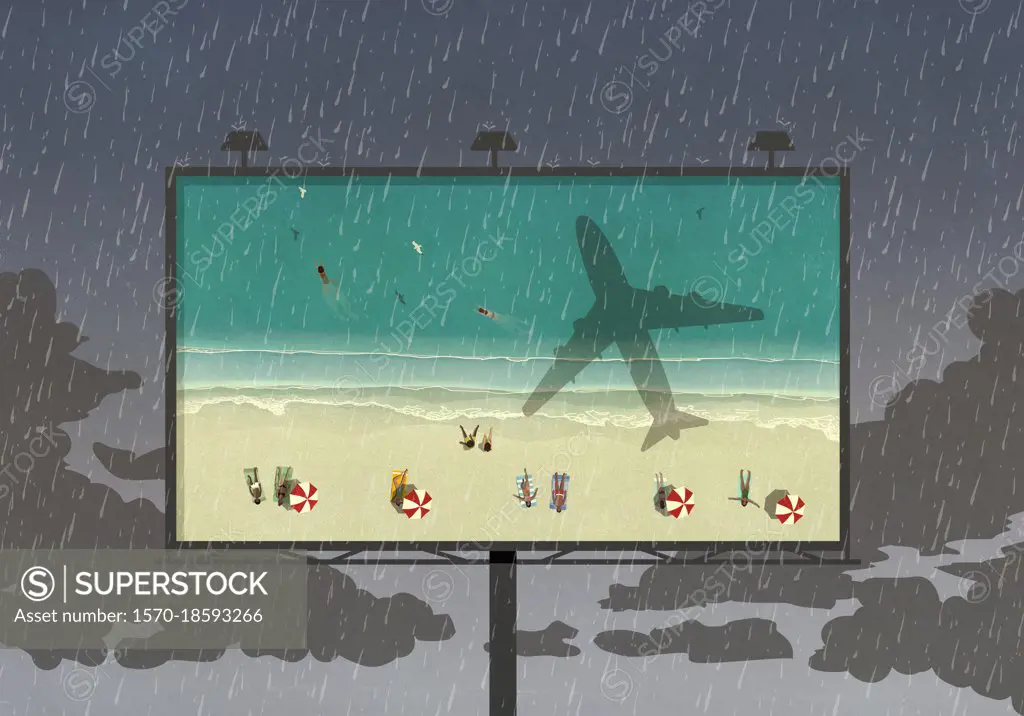 Tourists at beach on billboard against rainy sky