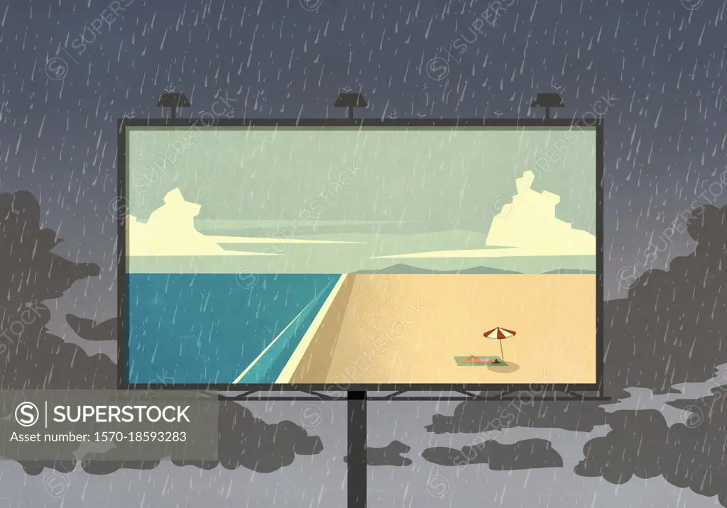 Idyllic ocean beach on billboard against rainy sky
