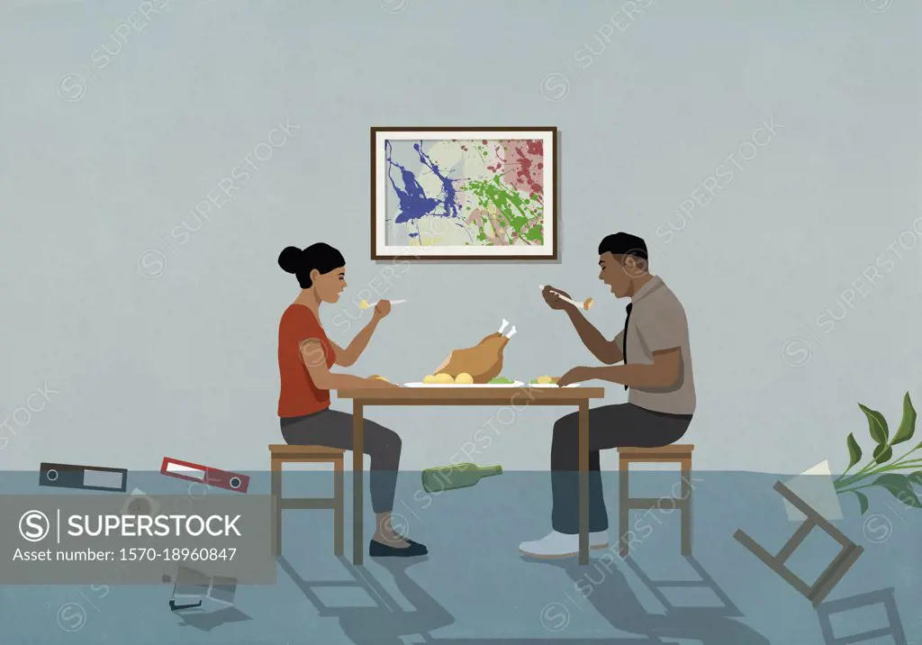 Water rising over oblivious couple eating turkey dinner at table