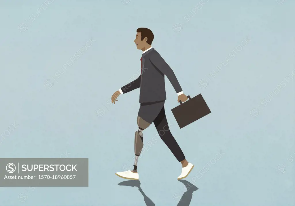 Businessman with prosthetic leg walking with briefcase