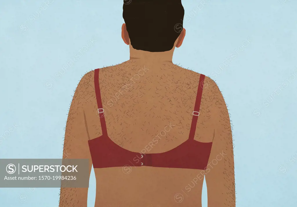 Man with hairy back wearing red bra