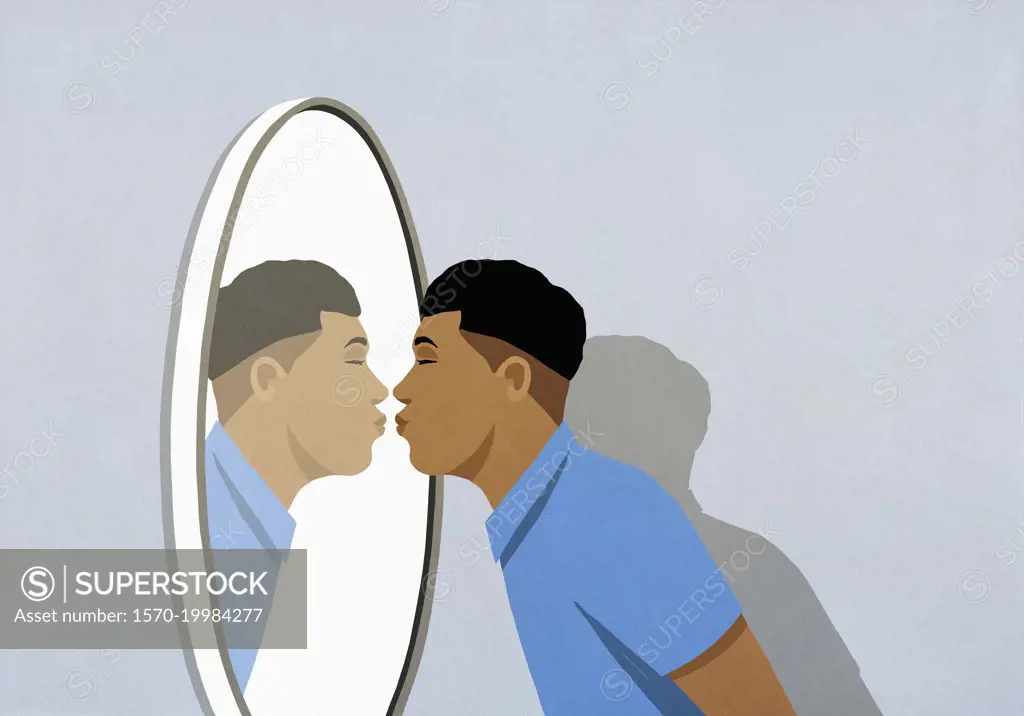 Man kissing reflection in mirror