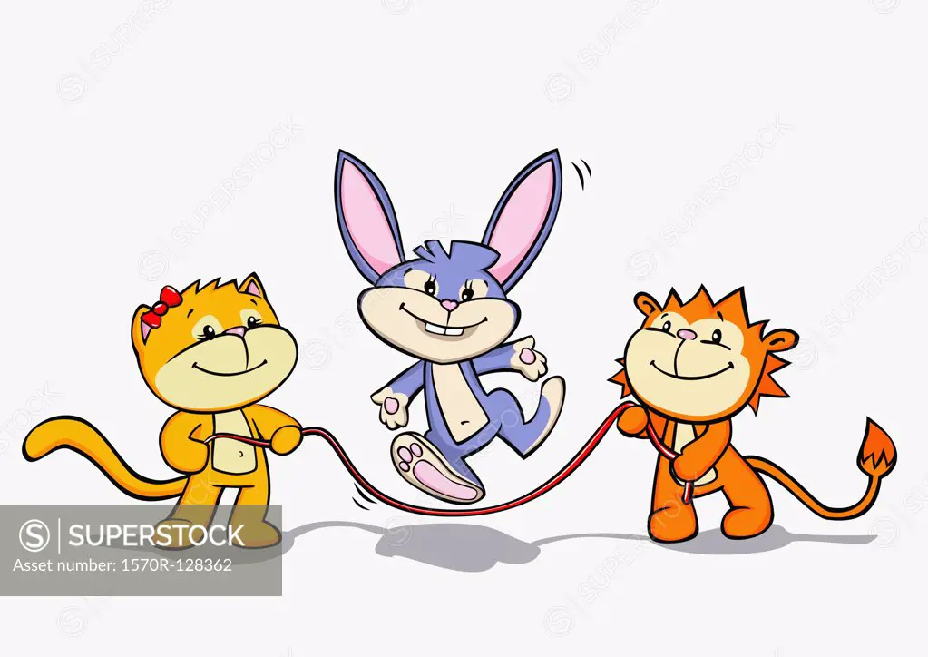 A lion and cat working a jump rope for a rabbit