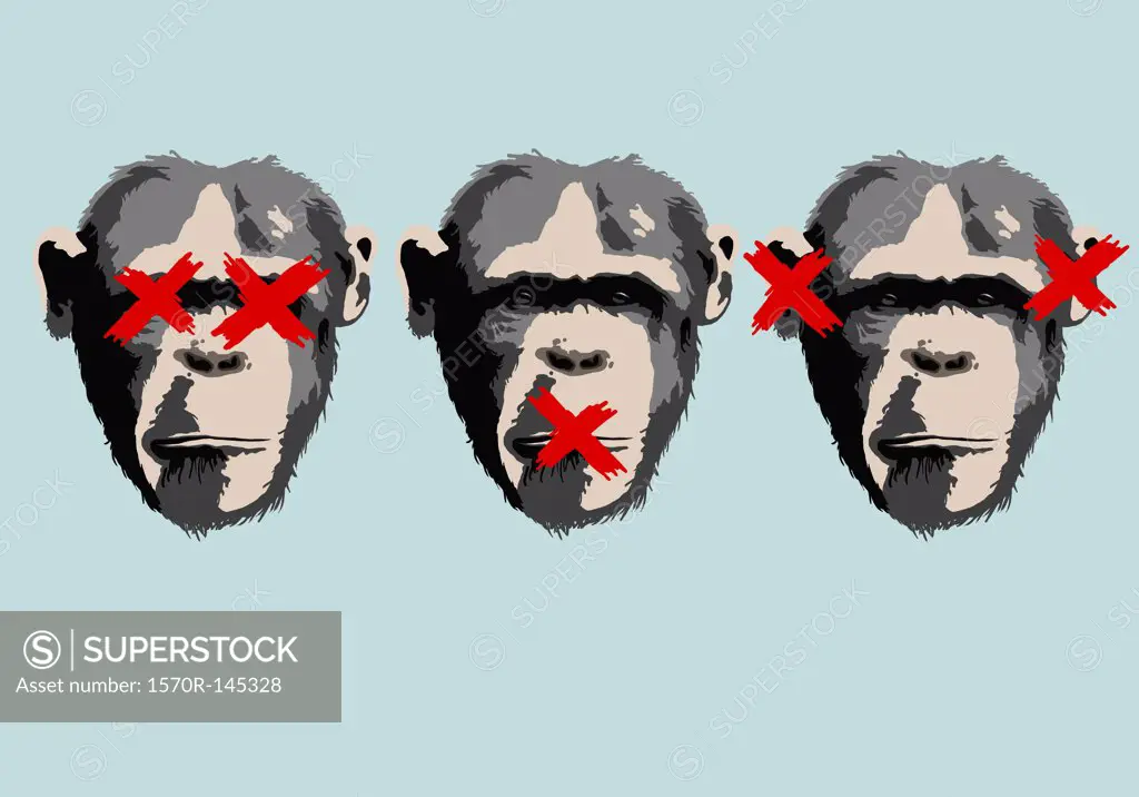 Illustration of three monkeys representing the proverb see no evil, hear no evil, speak no evil