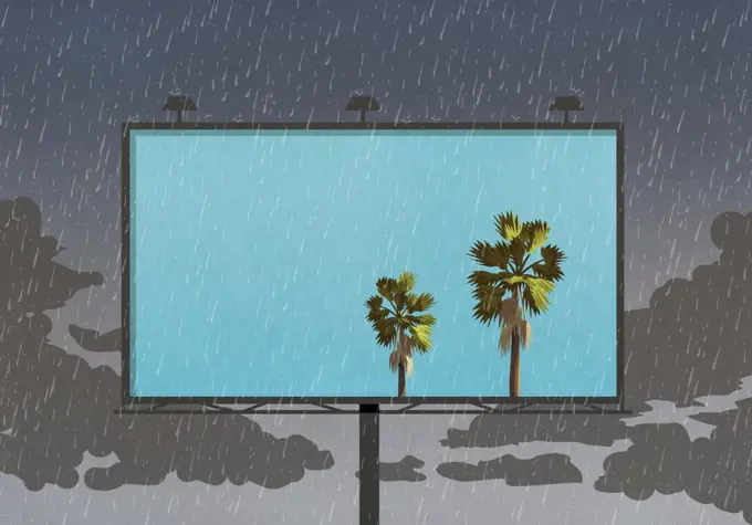Palm trees against blue sky on billboard against rainy sky