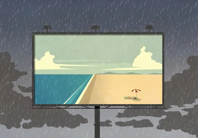 Idyllic ocean beach on billboard against rainy sky