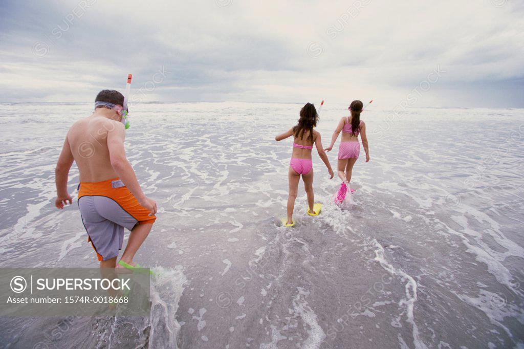 Stock Photo: 1574R-0018668 Rear view of a boy and two girls walking with snorkel masks and flippers on the beach
