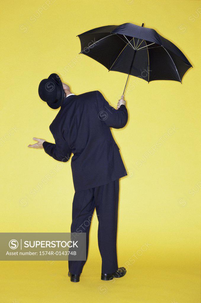 Stock Photo: 1574R-014374B Rear view of a businessman holding an umbrella and looking up