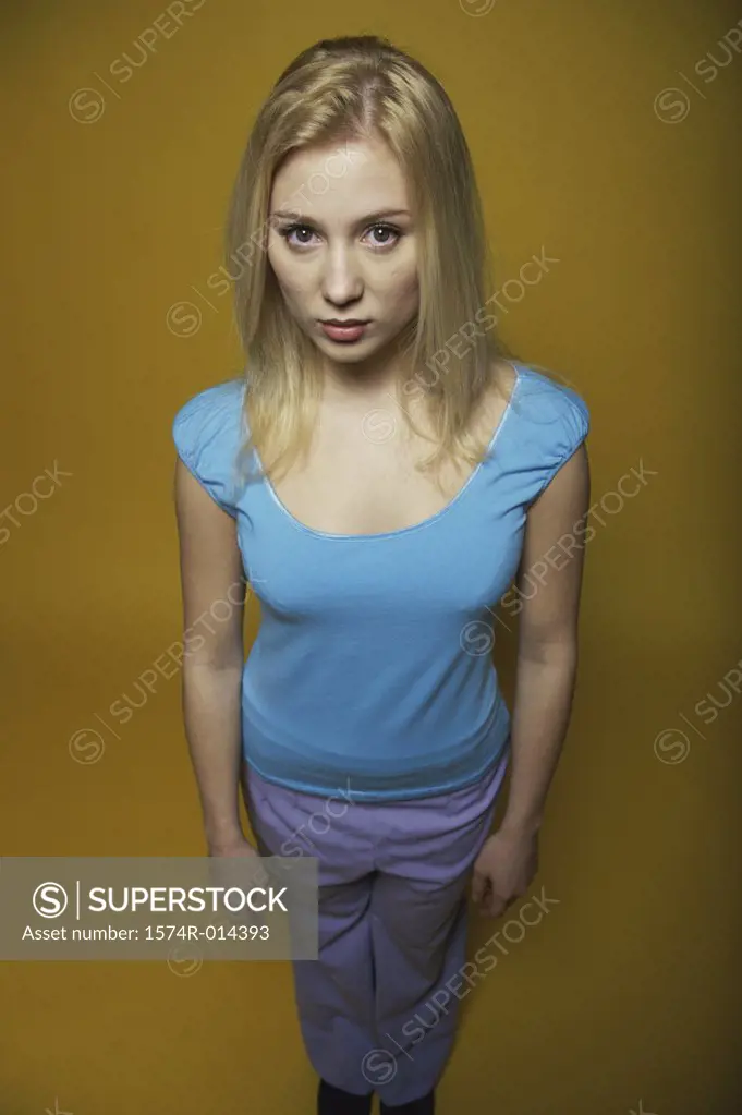 High angle view of a teenage girl looking serious