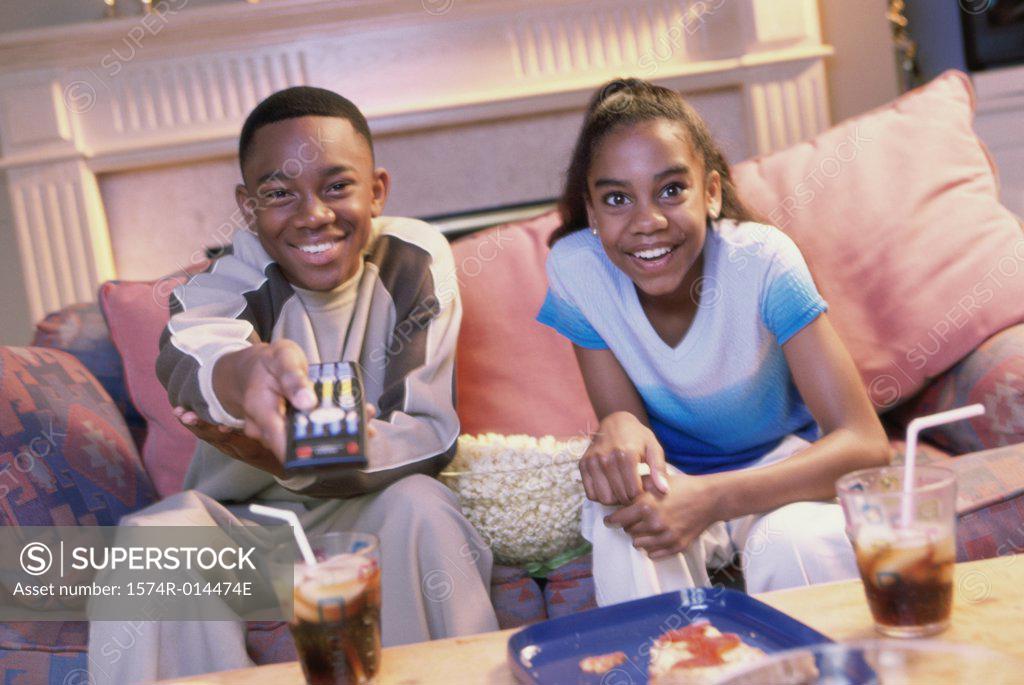 Stock Photo: 1574R-014474E Close-up of a brother and sister watching television