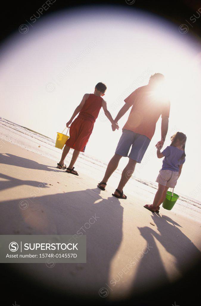 Stock Photo: 1574R-014557D Rear view of a father with his son and daughter standing on the beach