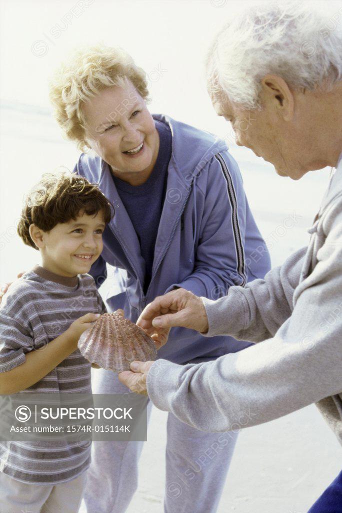 Stock Photo: 1574R-015114K Boy holding a seashell on the beach with his grandparents