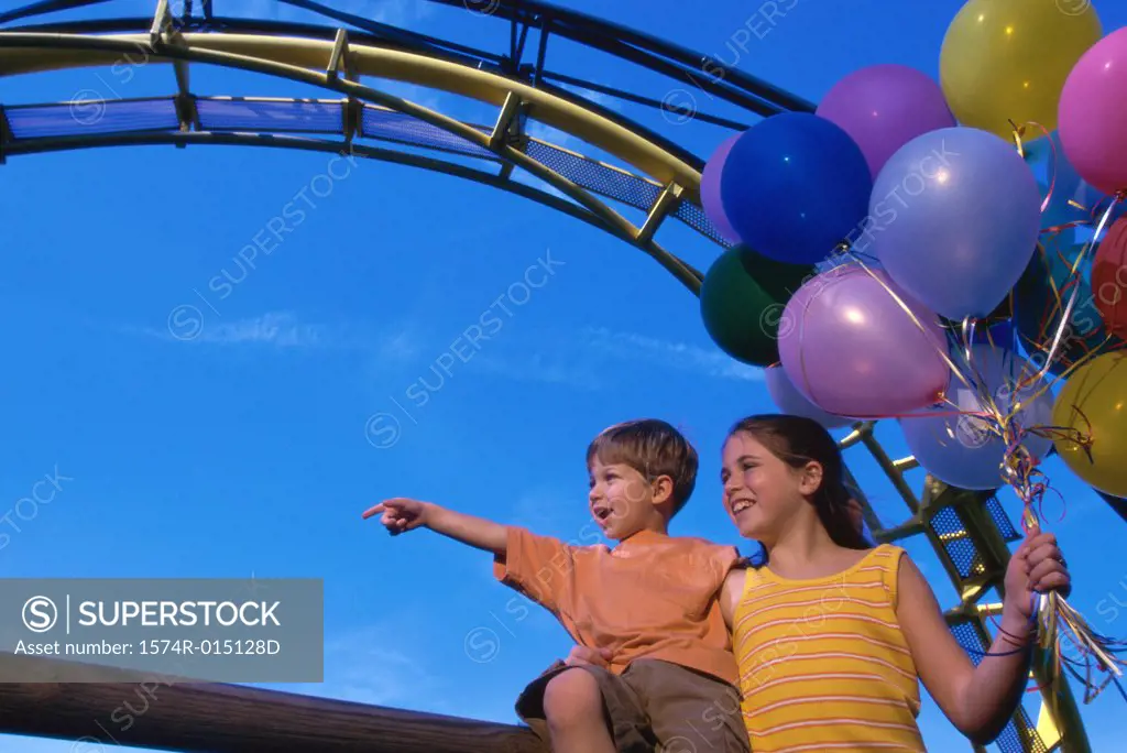 Low angle view of a brother and sister in an amusement park
