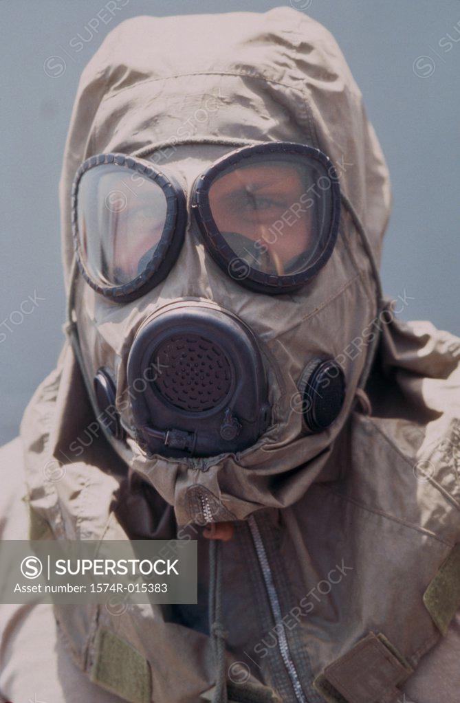 Stock Photo: 1574R-015383 Marine wearing protective gear during Nuclear Biological Chemical Warfare Training Desert Shield Saudi Arabia
