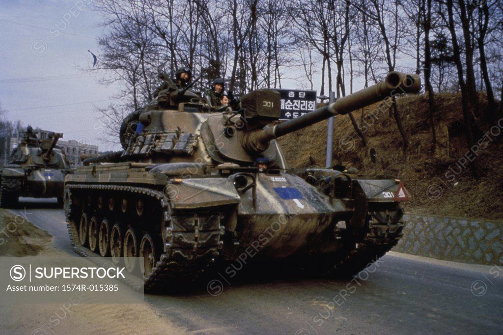 Stock Photo: 1574R-015385 South Korea: Two S. Korean M-48 Tanks During the Joint U.S./South Korean Exercise Team Spirit "89