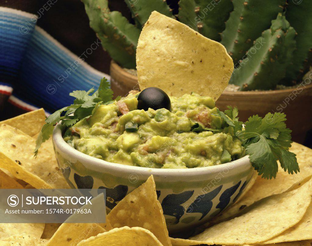 Stock Photo: 1574R-017963A Close-up of guacamole with tortilla chips