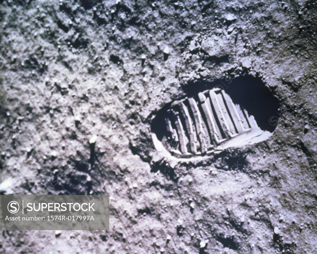 Stock Photo: 1574R-017997A Astronaut Footprint on the Moon  Apollo 11 Mission July 20, 1969