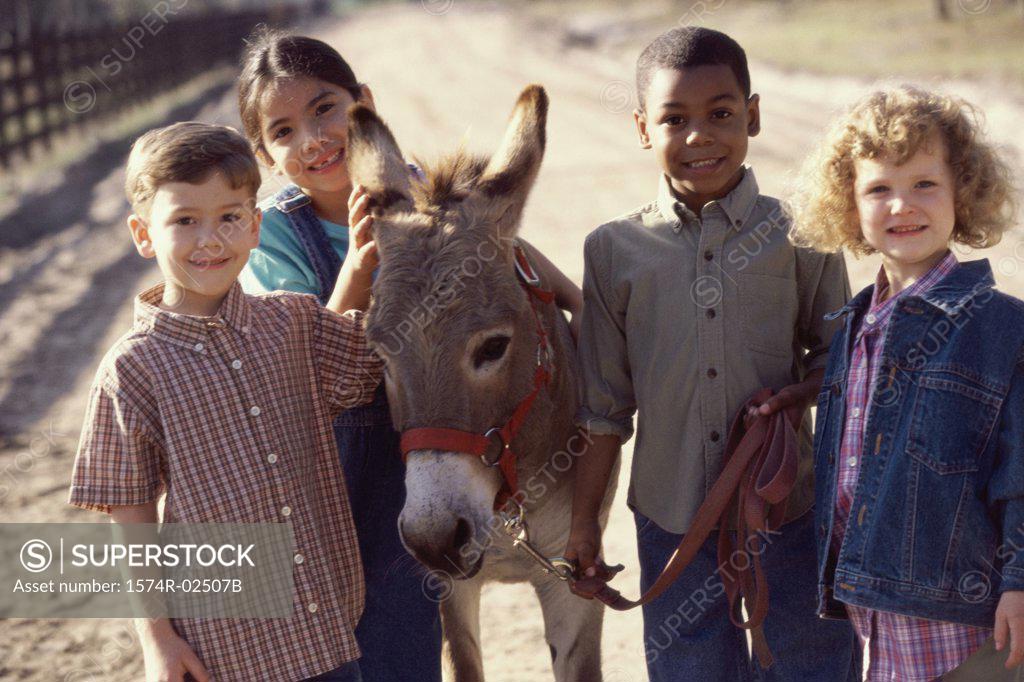 Stock Photo: 1574R-02507B Portrait of a group of children standing with a donkey