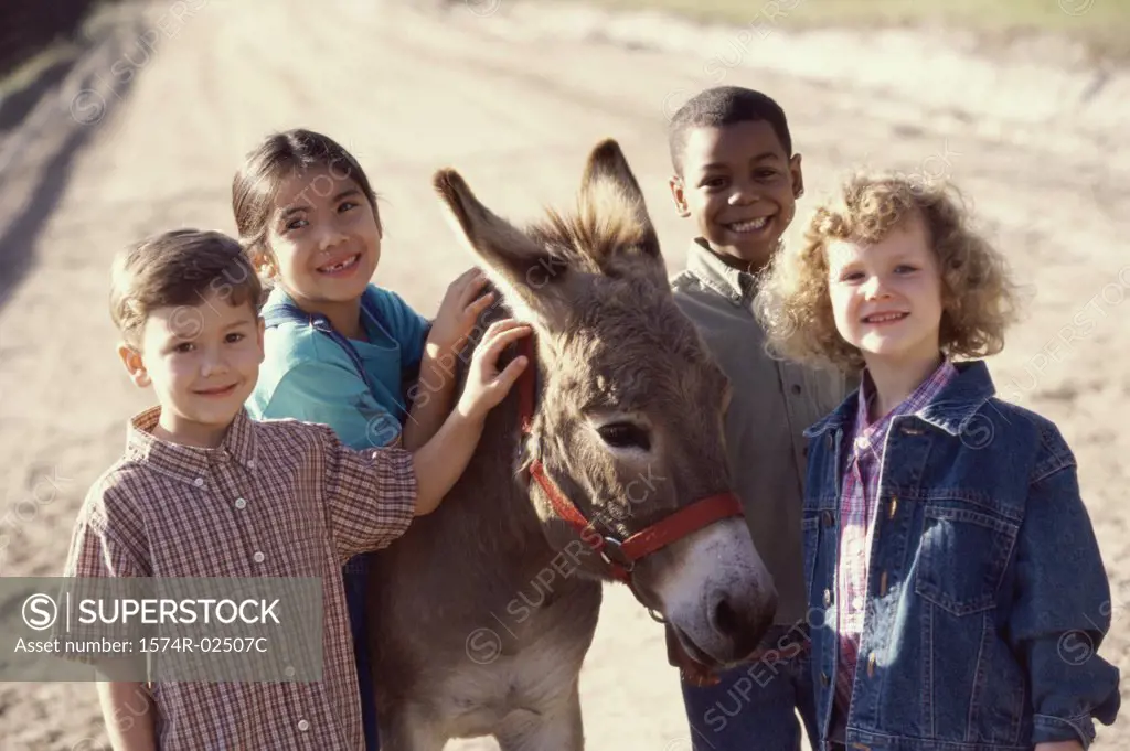Portrait of a group of children standing with a donkey