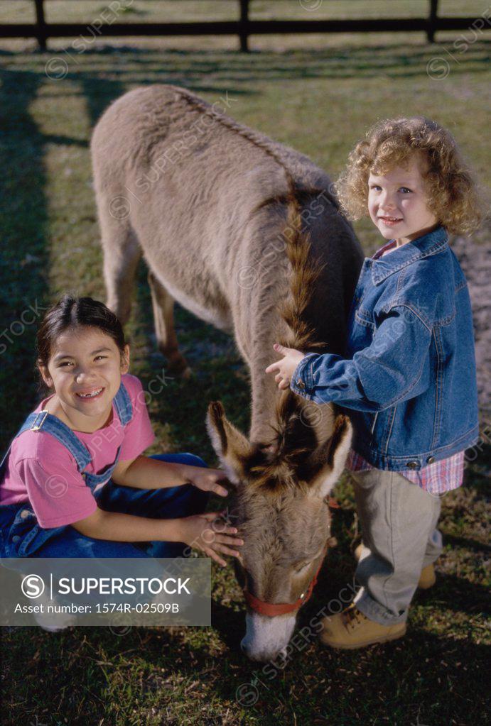 Stock Photo: 1574R-02509B Portrait of two girls petting a donkey
