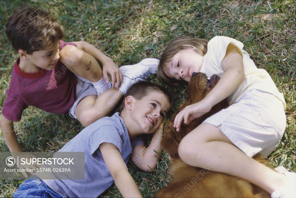 Stock Photo: 1574R-02639A High angle view of two boys and a girl lying on grass with a dog