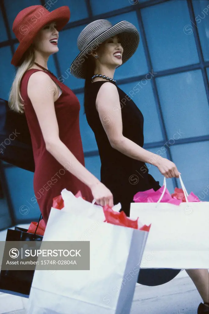 Side profile of two young women carrying shopping bags