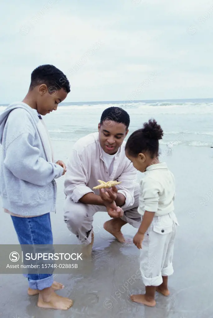 Father showing his son and daughter a starfish on the beach