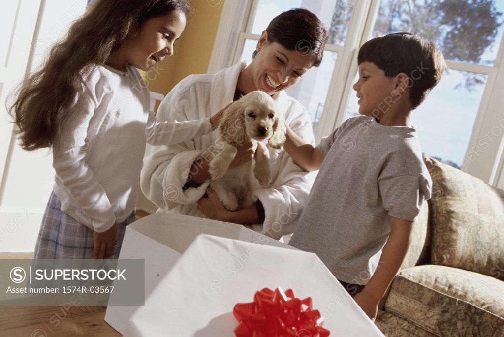 Stock Photo: 1574R-03567 Mother with her son and daughter holding a puppy