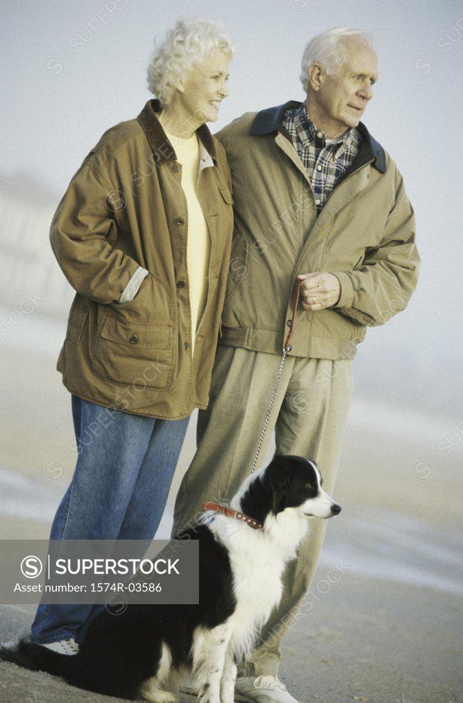 Stock Photo: 1574R-03586 Senior couple standing with their dog on the beach