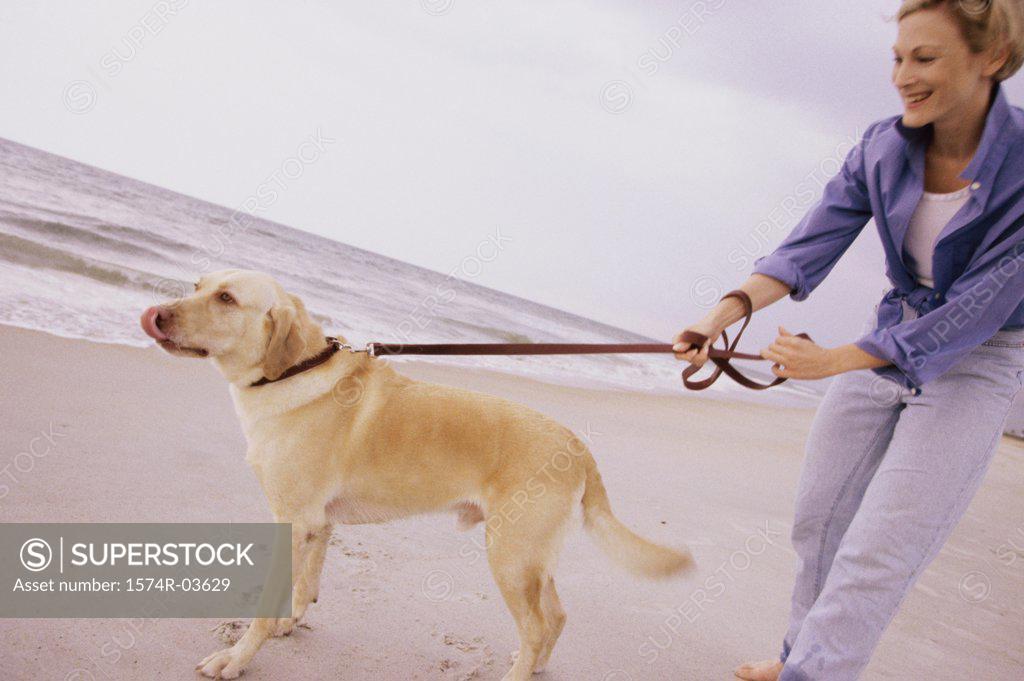 Stock Photo: 1574R-03629 Young woman holding her dog on the beach