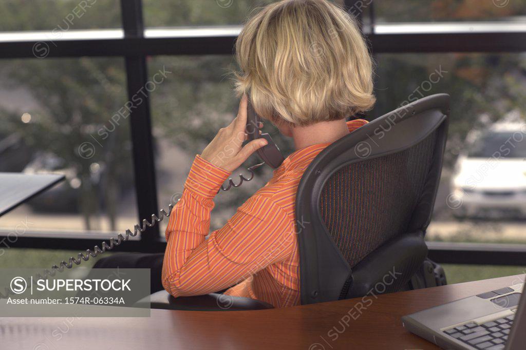 Stock Photo: 1574R-06334A Rear view of a businesswoman talking on a telephone in an office