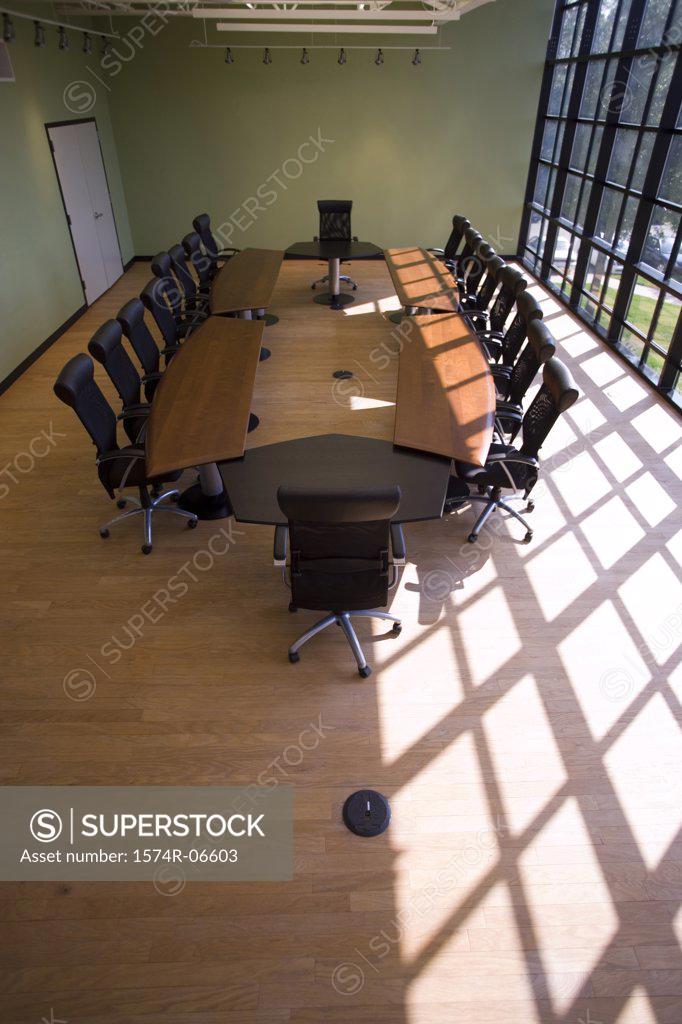 Stock Photo: 1574R-06603 High angle view of chairs and a table in a boardroom