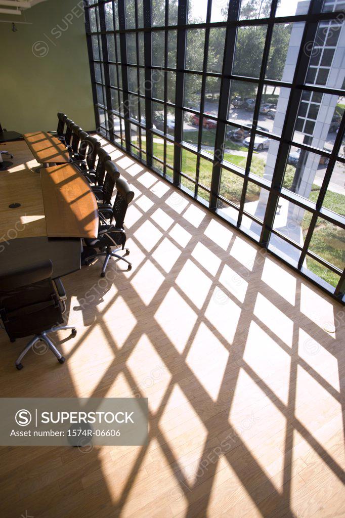 Stock Photo: 1574R-06606 High angle view of chairs and a table in a boardroom