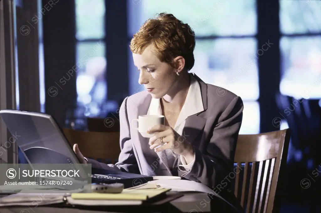 Businesswoman sitting in a restaurant in front of a laptop