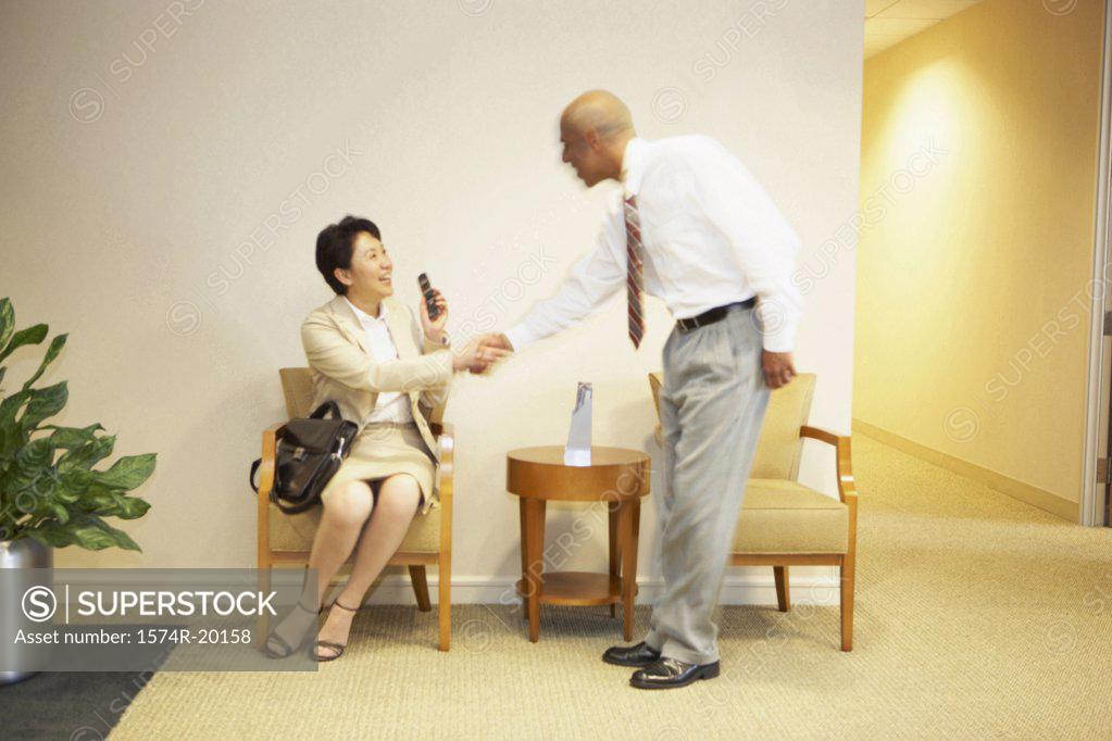 Stock Photo: 1574R-20158 Side profile of a businessman and a businesswoman shaking hands