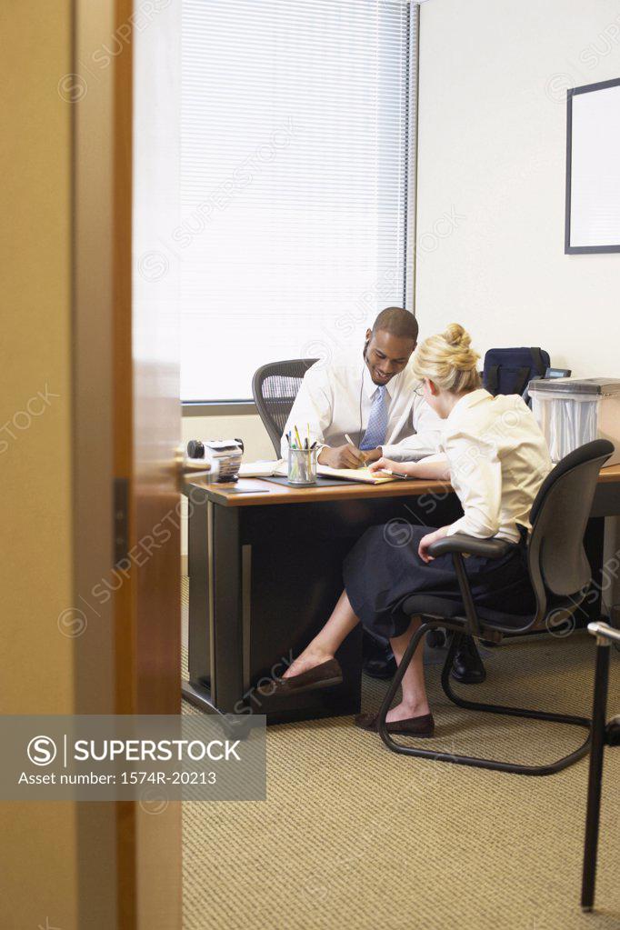 Stock Photo: 1574R-20213 Rear view of a businesswoman and a businessman working in an office