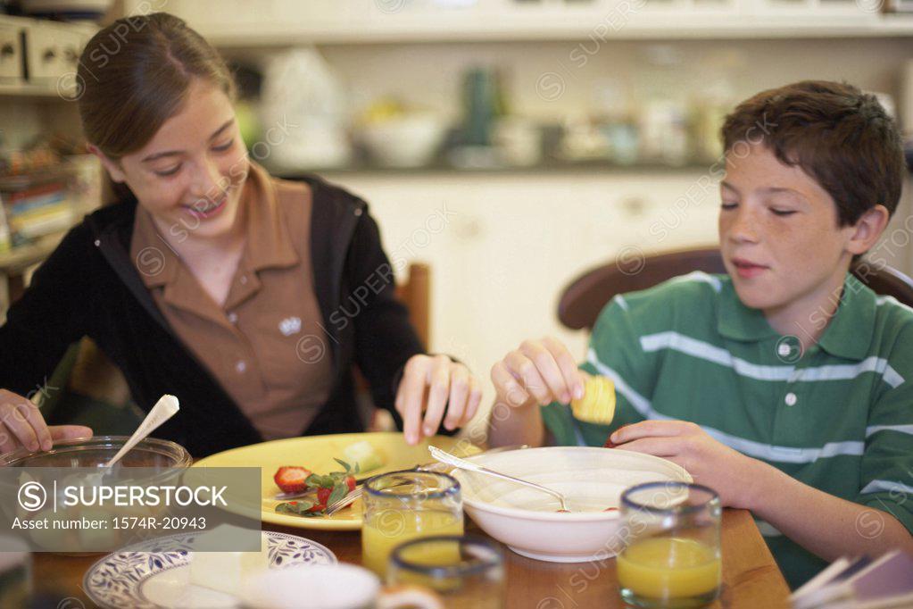 Stock Photo: 1574R-20943 Close-up of a teenage girl having breakfast with her brother