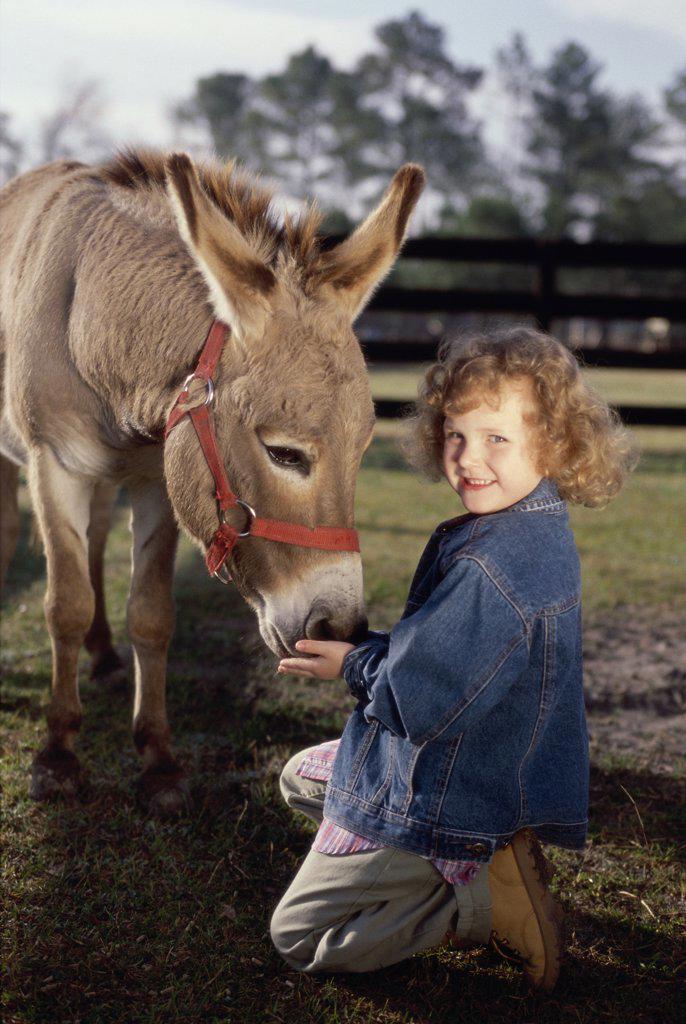 Portrait of a girl feeding a donkey