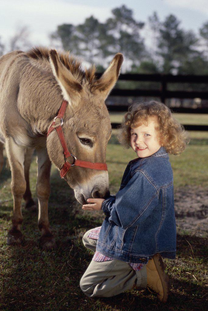 Portrait of a girl feeding a donkey