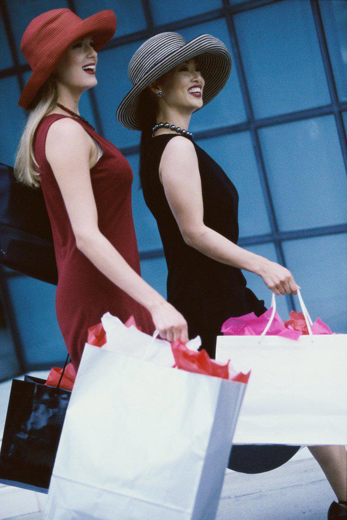 Side profile of two young women carrying shopping bags