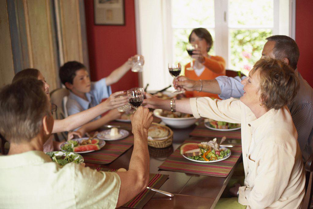 Family toasting with glasses at a dining table