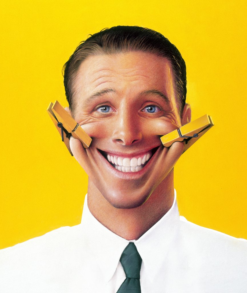 Illustration, man smiling with clothespins